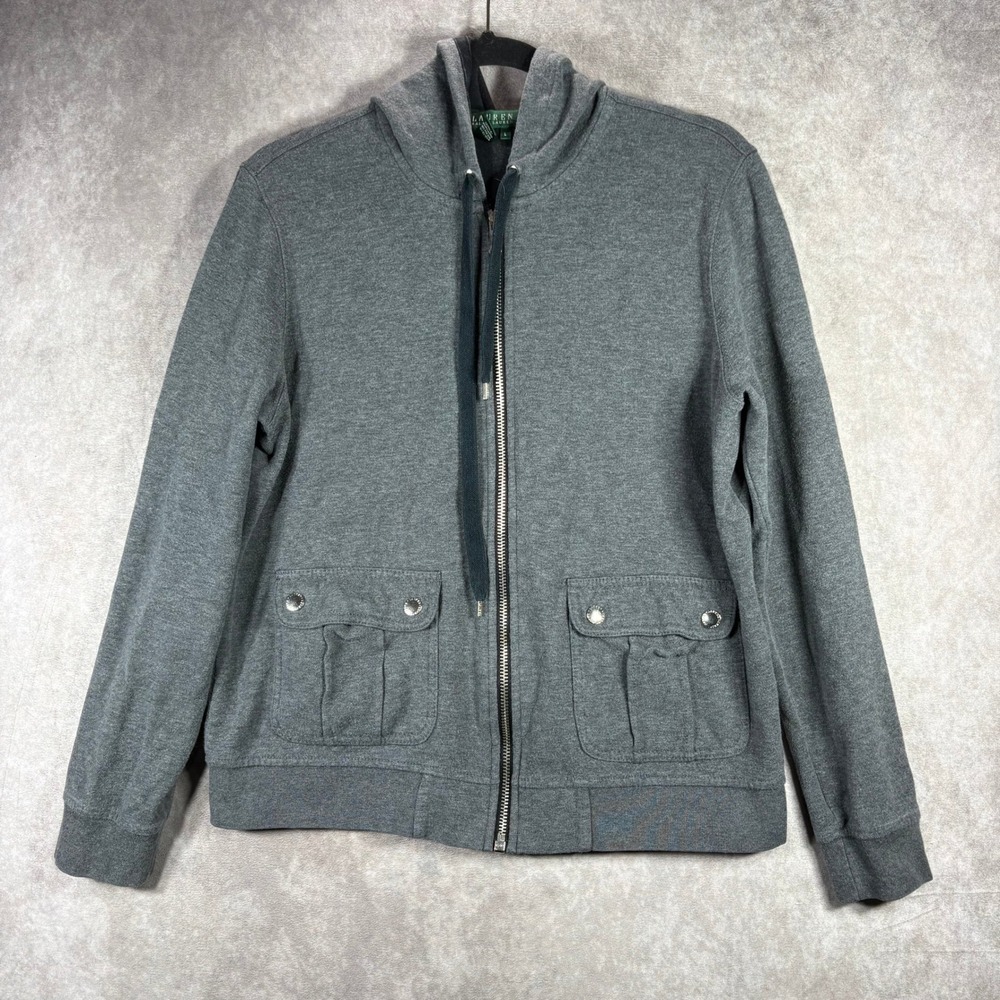 Lauren Ralph Lauren Hoodie Sweater Womens Large Gray Y2K Full Zip Cargo Pockets
